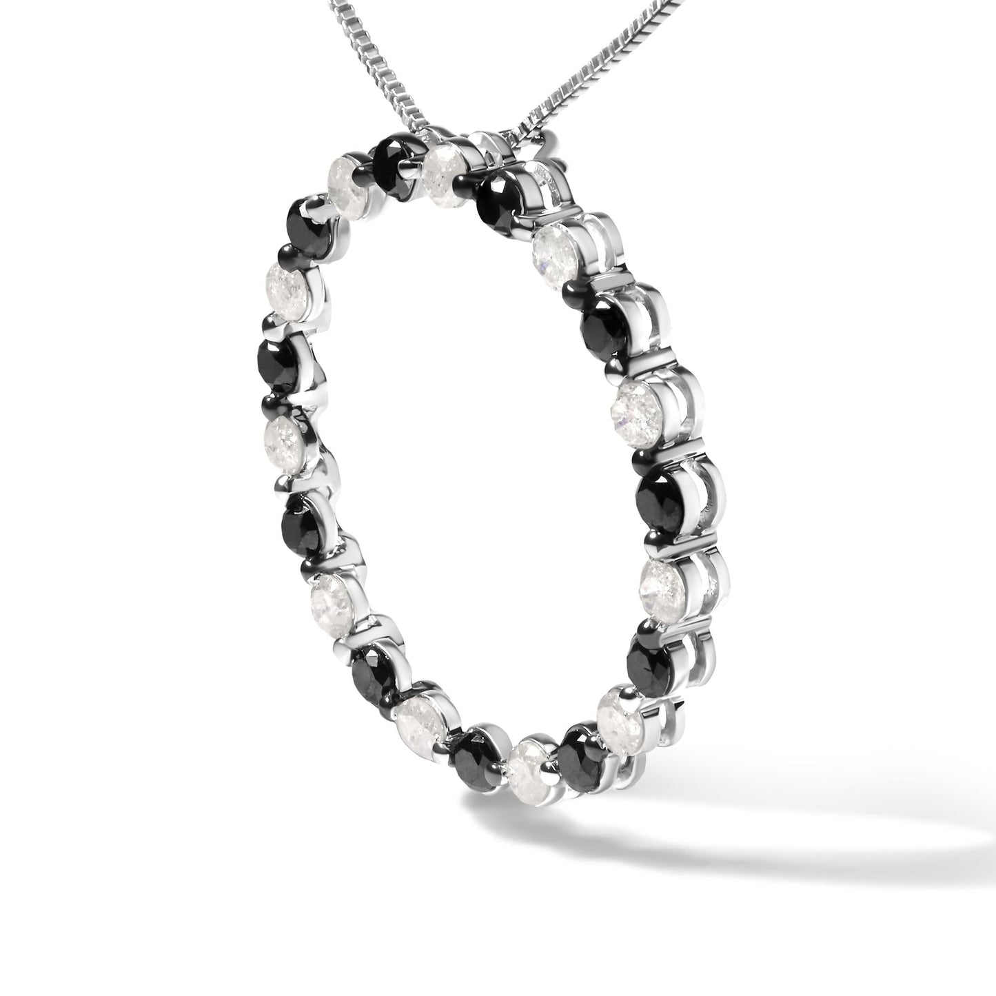 .925 Sterling Silver 1 3/4 Cttw Alternating Black and White Diamond Open Circle Hoop Pendant Necklace (H-I Color, I2-I3 Clarity) - 18" Inches