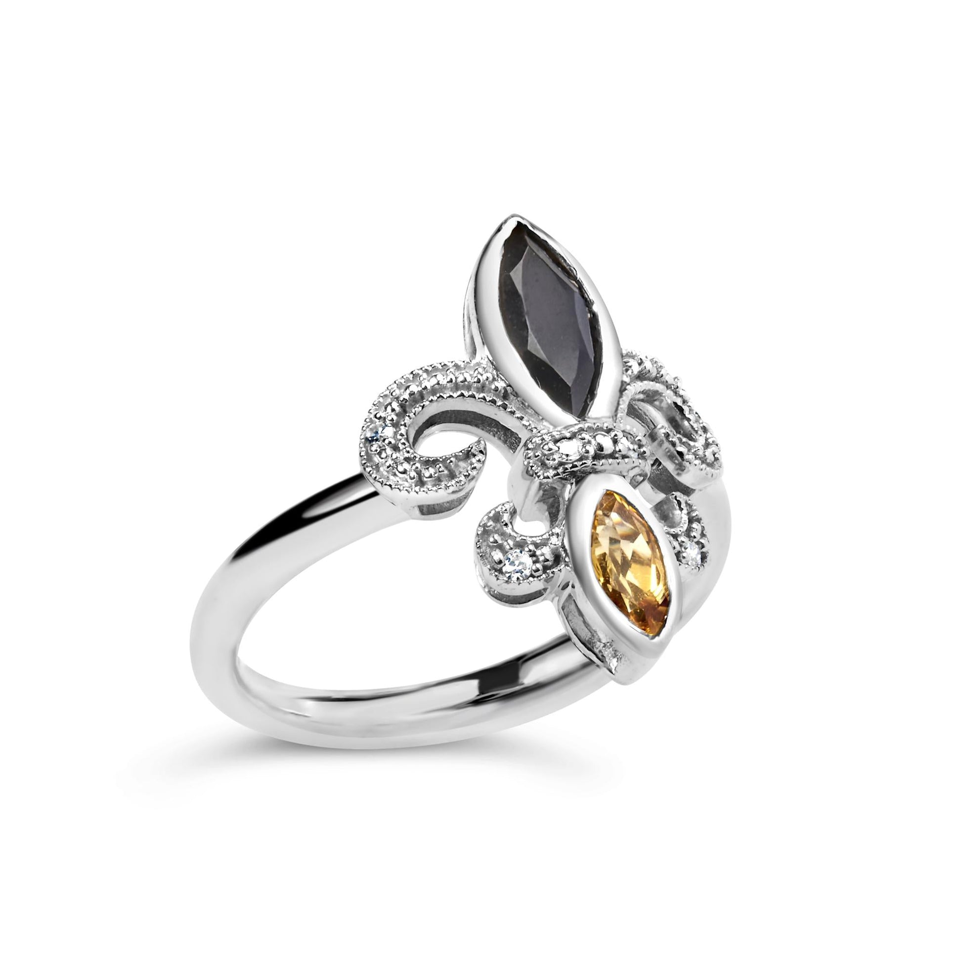 .925 Sterling Silver Black Onyx and Yellow Citrine Marquise and Diamond Accent Fleur De Lis Ring (H-I Color, SI1-SI2 Clarity)-2