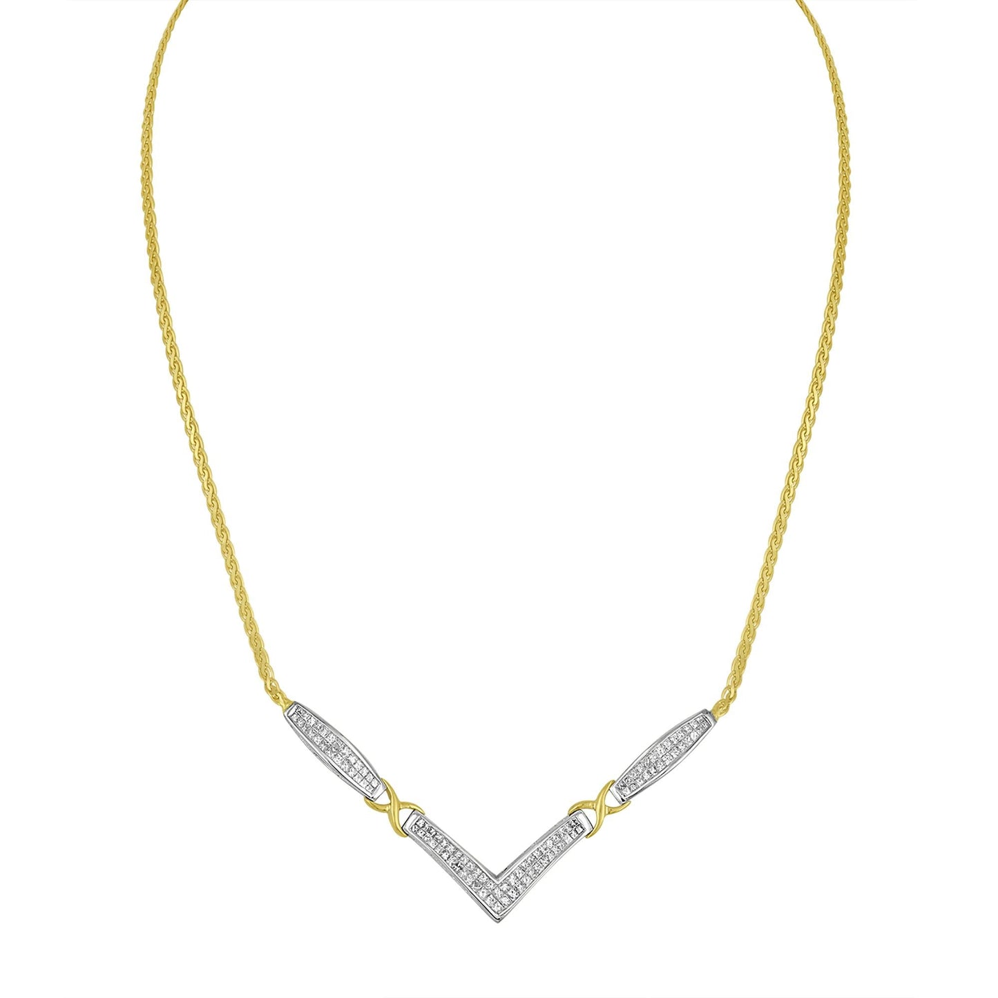 14K Yellow and White Gold 2.0 Cttw Princess Cut Diamond Flared and X-Station V Shaped 18” Franco Chain Statement Necklace (H-I Color, SI2-I1 Clarity)