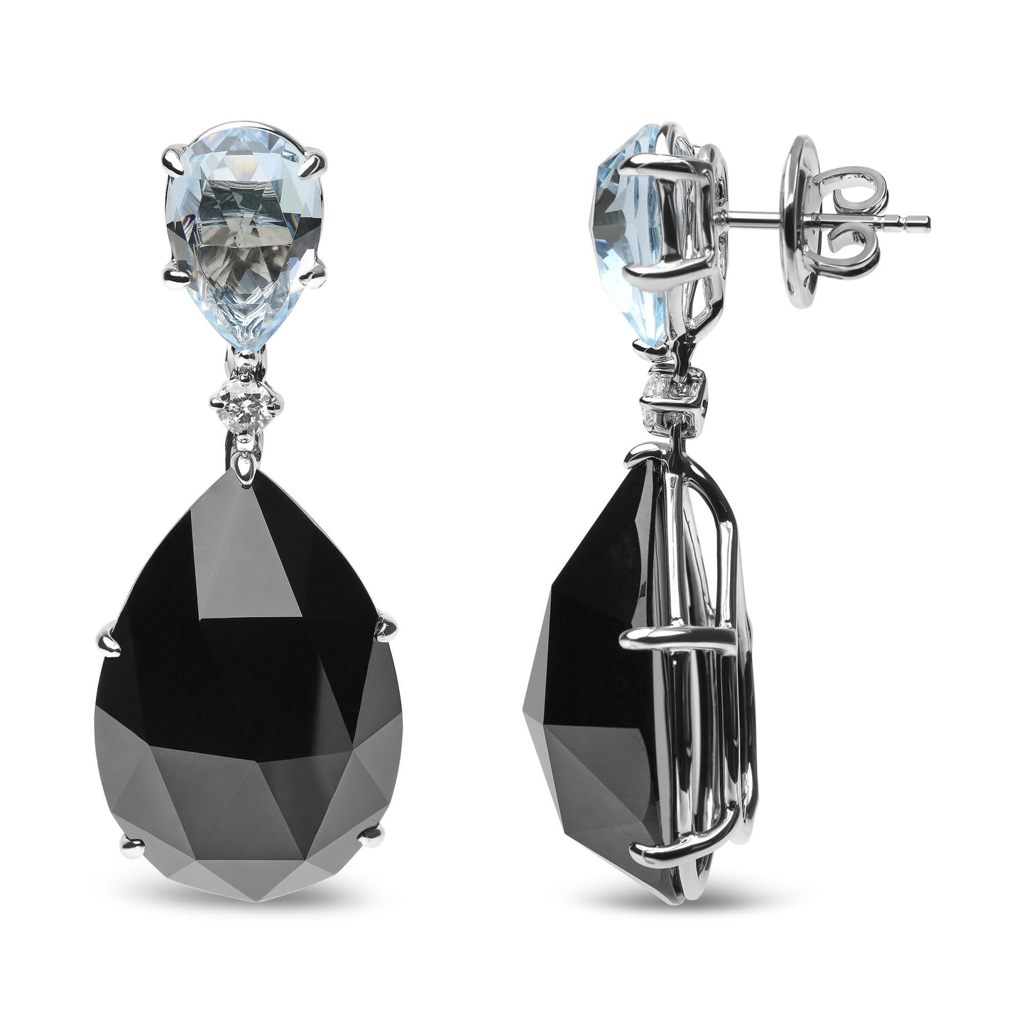 18K White Gold 1/5 Cttw Diamond with Pear Cut Sky Blue Topaz and Pear-Cut Black Onyx Gemstone Dangle Earring (G-H Color, SI1-SI2 Clarity)