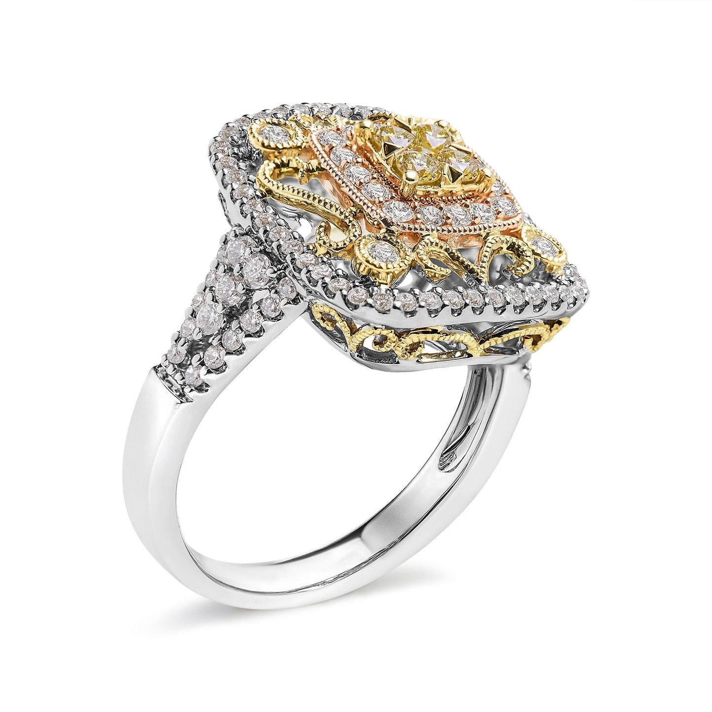 14K Tri-Toned Gold 1.00 Cttw Yellow Diamond Halo and Milgrain Cocktail Cluster Ring (Yellow/G-H Color, SI1-SI2 Clarity) - Ring Size 7-2