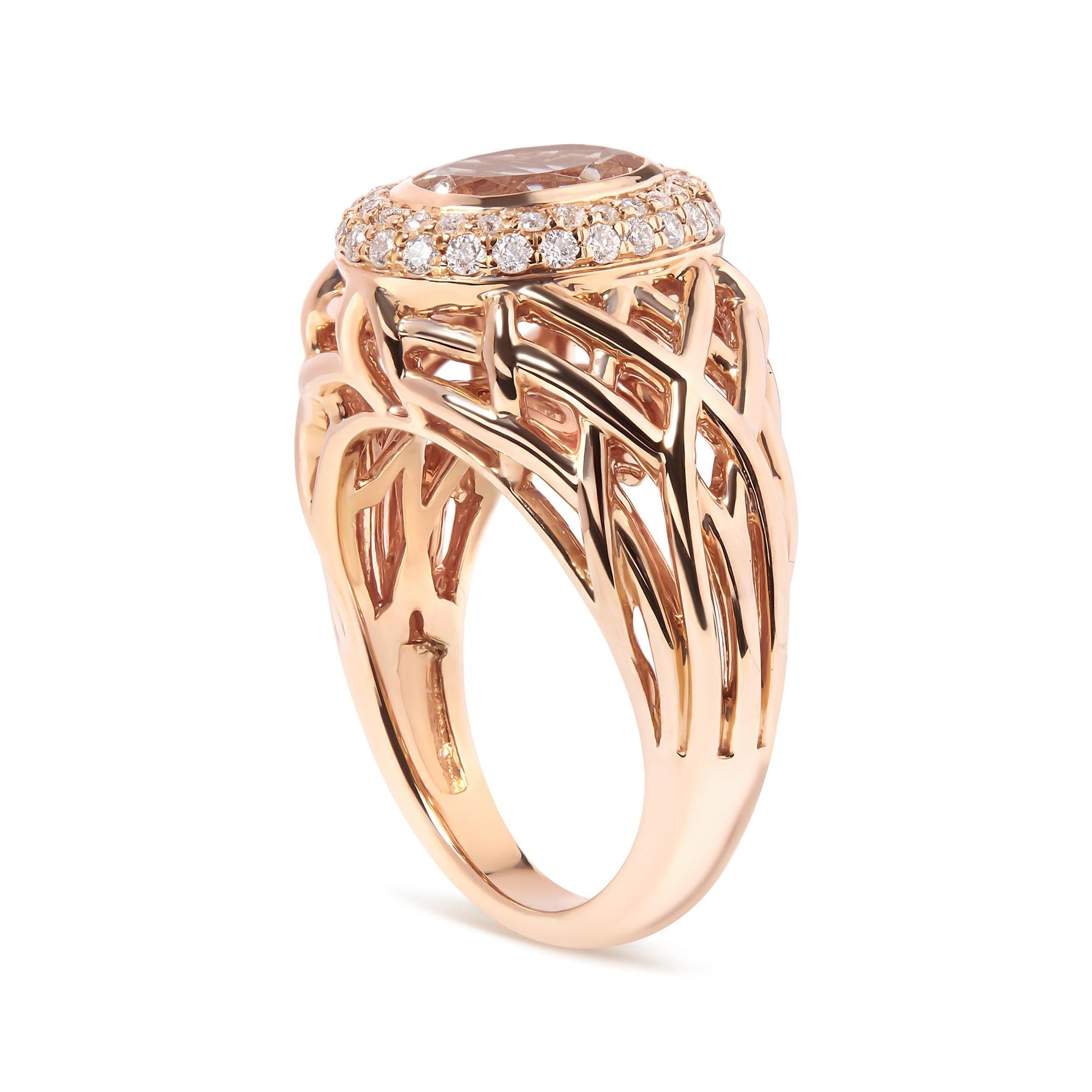 14K Rose Gold Oval Cut Light Pink Morganite and 3/8 Cttw Diamonds Halo and Basket Weave Cocktail Ring (G-H Color, SI1-SI2 Clarity) - Size 7-2