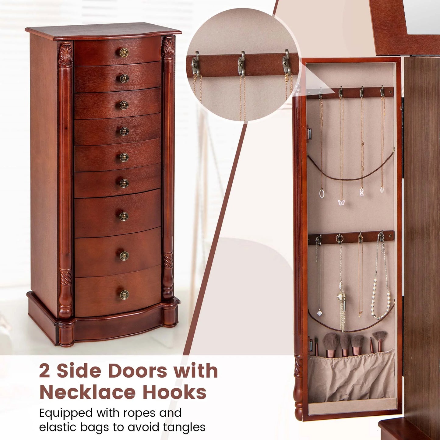 Wood Jewelry Cabinet Storage Chest Stand Organizer Necklace