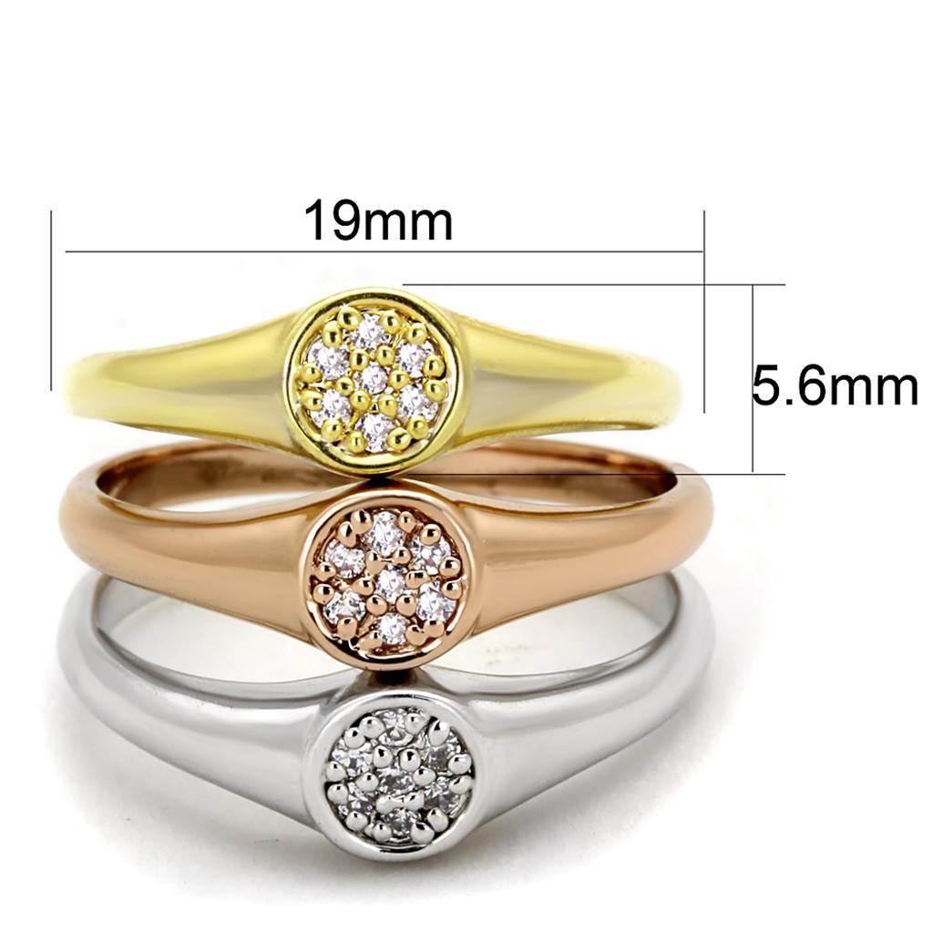 3W862 - Rhodium + Gold + Rose Gold Brass Ring with AAA Grade CZ  in Clear-1