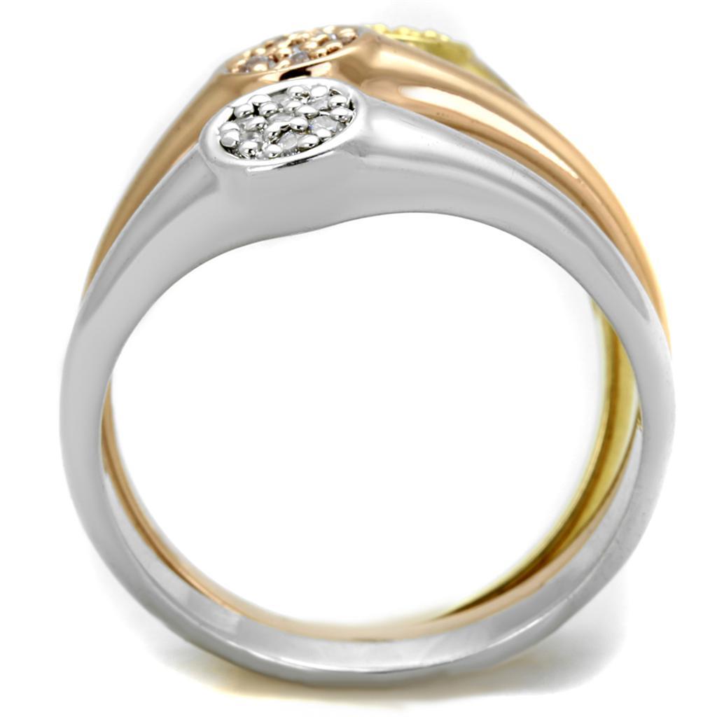 3W862 - Rhodium + Gold + Rose Gold Brass Ring with AAA Grade CZ  in Clear-2