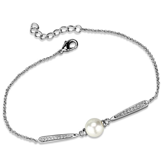 3W1041 - Rhodium Brass Bracelet with Synthetic Pearl in White-0