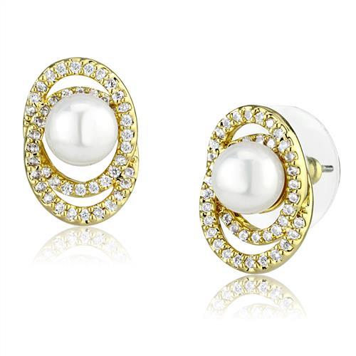 3W1262 - Gold Brass Earrings with Synthetic Pearl in White-0