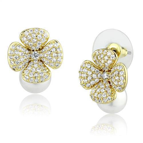 3W1263 - Gold Brass Earrings with Synthetic Pearl in White-0