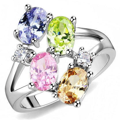 Jean Cocktail Ring - Rhodium Brass, AAA CZ , Multi Color - 3W1474-0