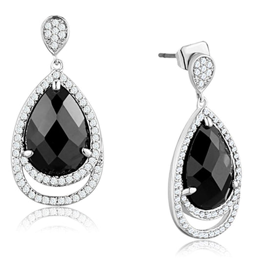 3W658 - Rhodium Brass Earrings with AAA Grade CZ  in Jet-0