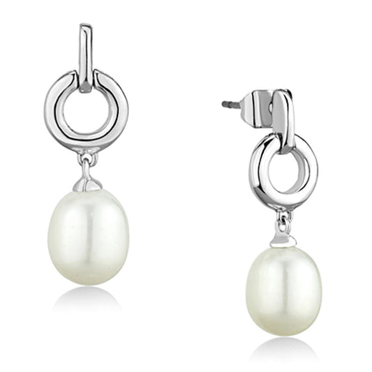 3W684 - Rhodium Brass Earrings with Synthetic Pearl in White-0