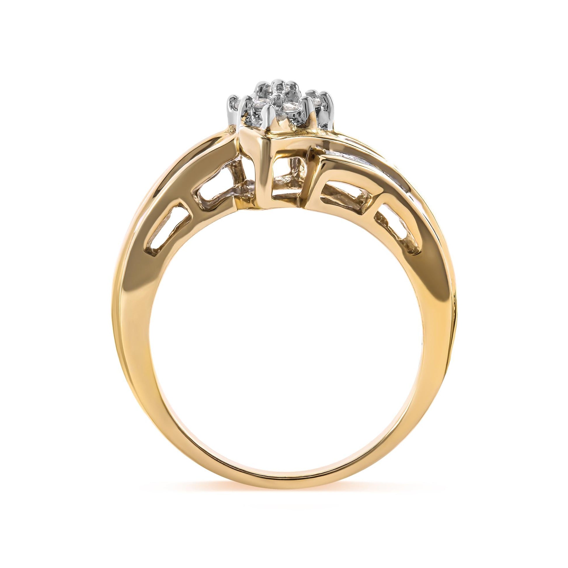 10K Yellow Gold 1/2 Cttw Round And Baguette-cut Diamond Cluster Head and Channel Set Shank Ring (H-I Color, I1-I2 Clarity)-3