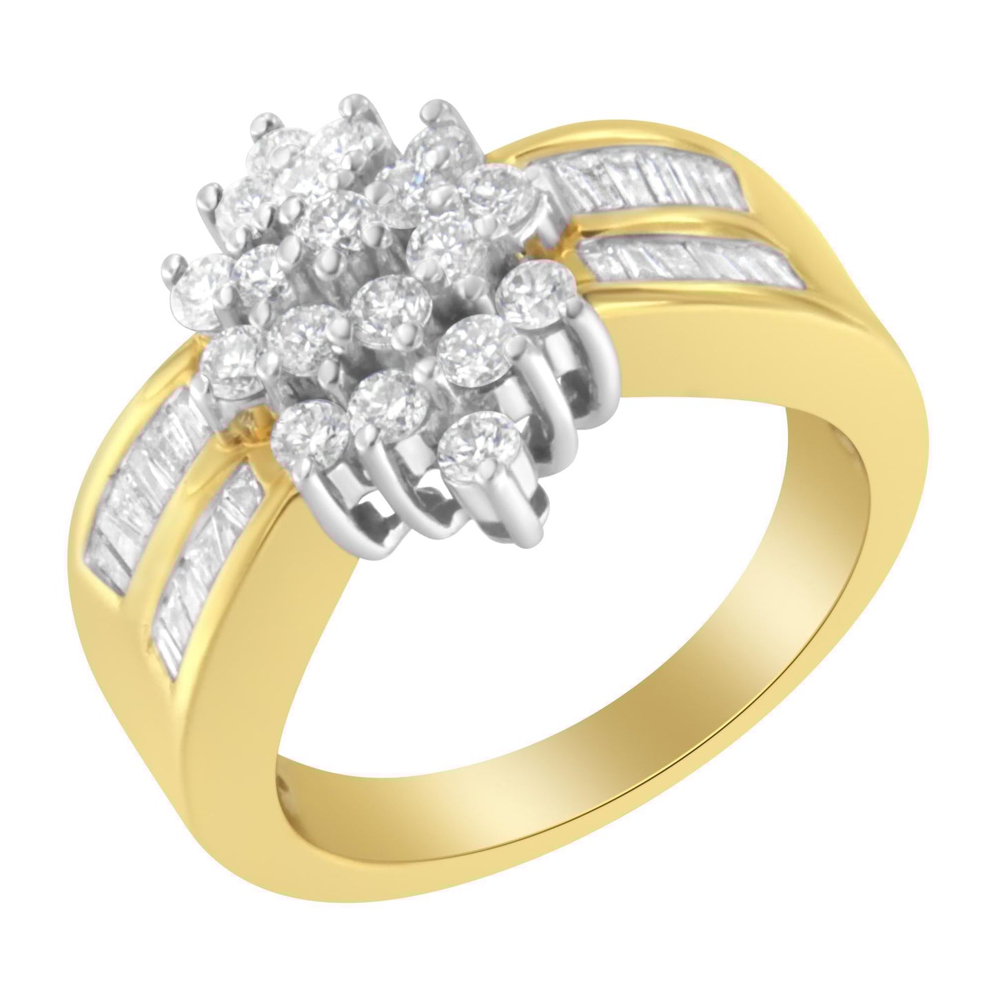 10K Yellow Gold 1.0 Cttw Round & Baguette Cut Diamond Floral Cluster Double-Channel Flared Band Statement Ring (H-I Color, SI2-I1 Clarity)