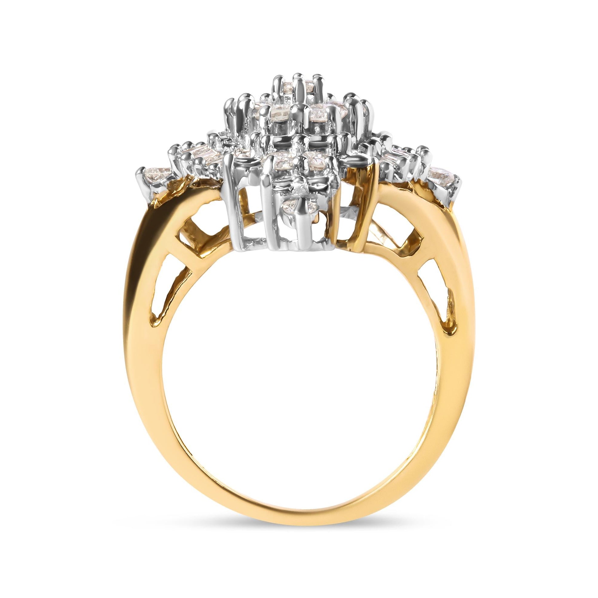 10K Yellow Gold 1 Cttw Round and Baguette cut Diamond Cluster and Rhombus Halo Ring (H-I Color, I1-I2 Clarity)-3