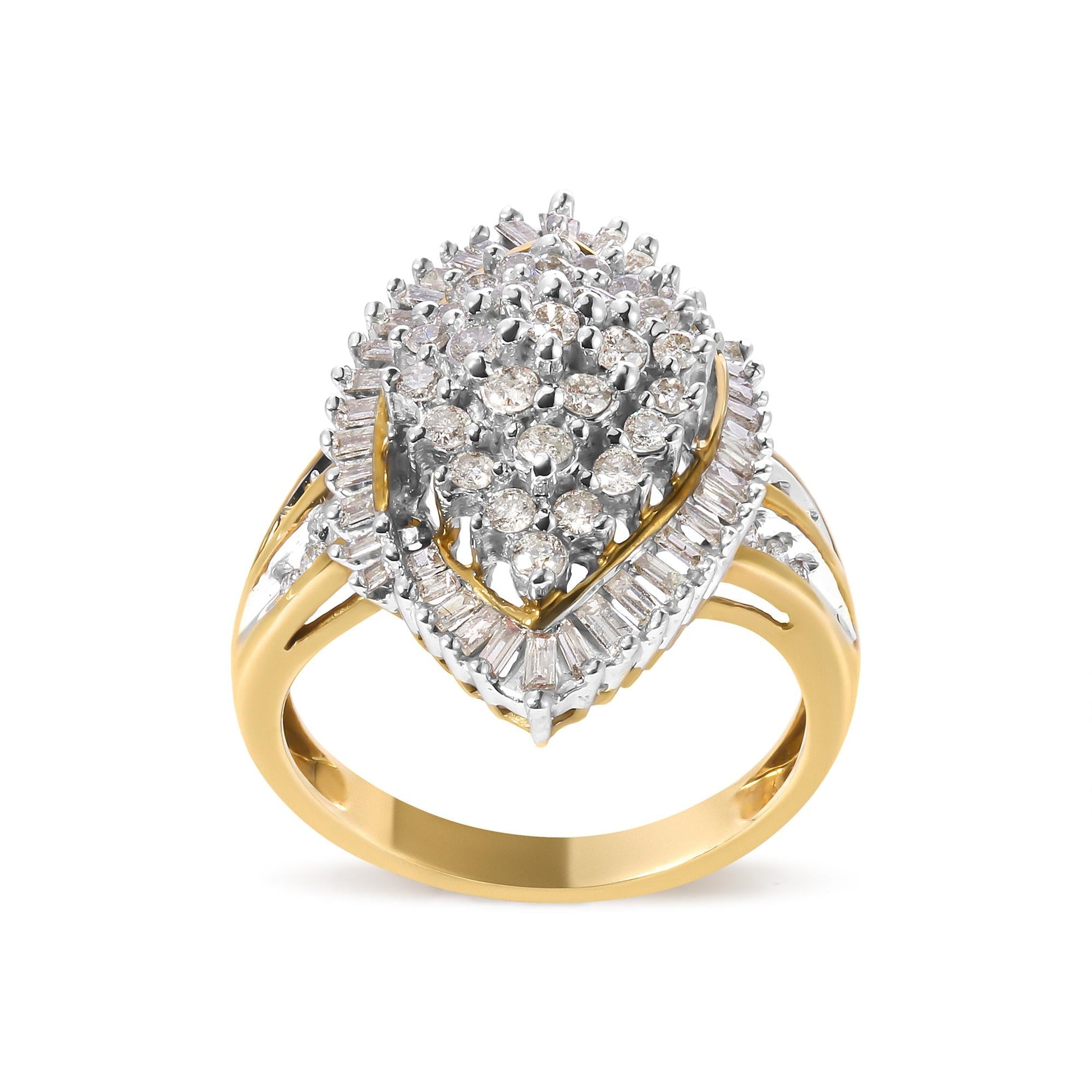 10K Yellow Gold 1.0 Cttw Round and Baguette-Cut Diamond Cluster Ring (I-J Color, SI2-I1 Clarity)-3