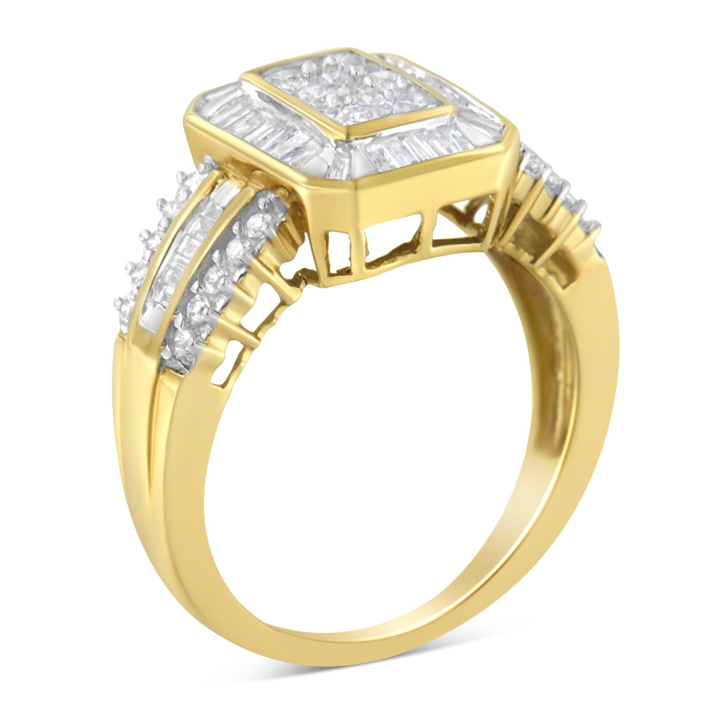 10K Yellow Gold Round and Baguette-Cut Diamond Cocktail Ring (1.0 Cttw, H-I Color, SI2-I1 Clarity)-3