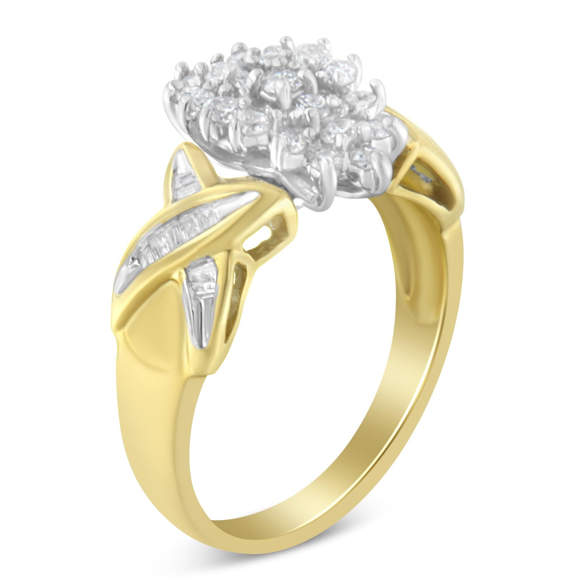 10K Two-Toned Round Baguette Diamond Cluster Ring (1/2 Cttw, I-J Color, I2-I3 Clarity)-3