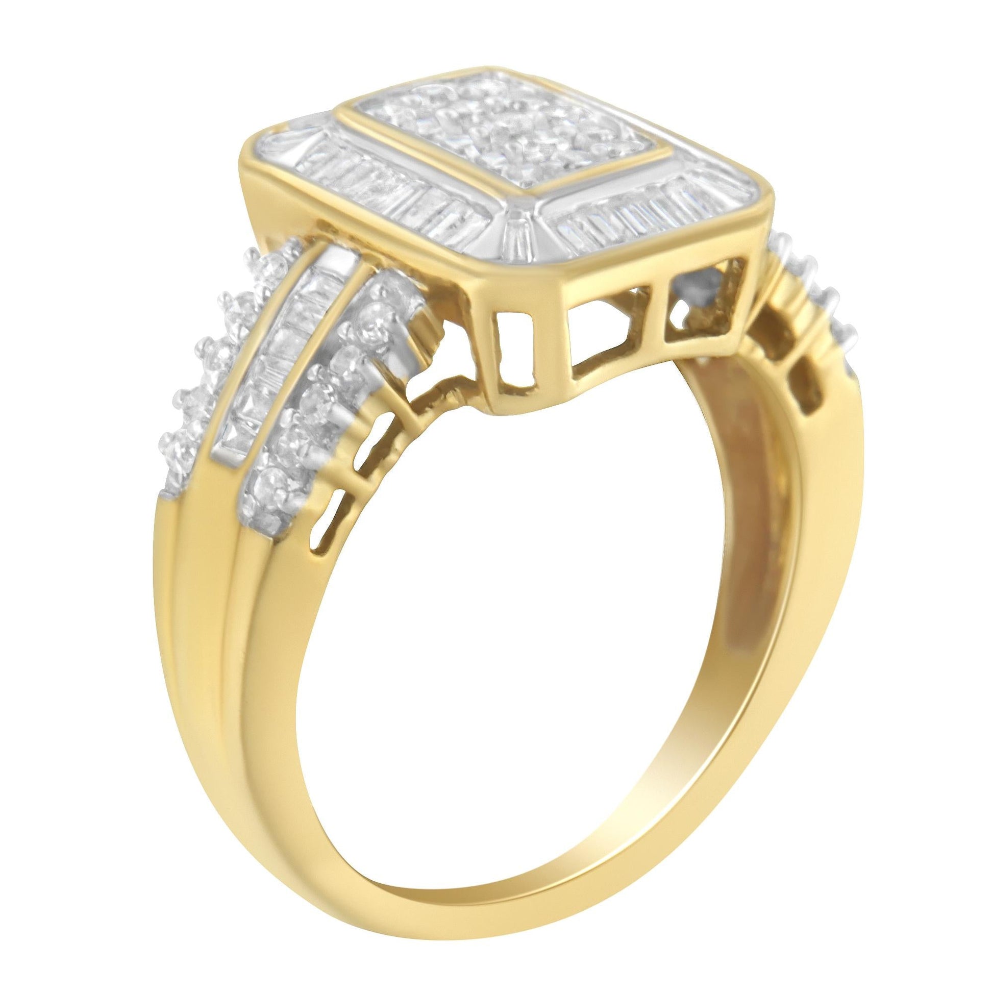 10K Yellow Gold Round and Baguette-Cut Diamond Cluster Ring (1.0 Cttw, I-J Color, SI1-SI2 Clarity)-3