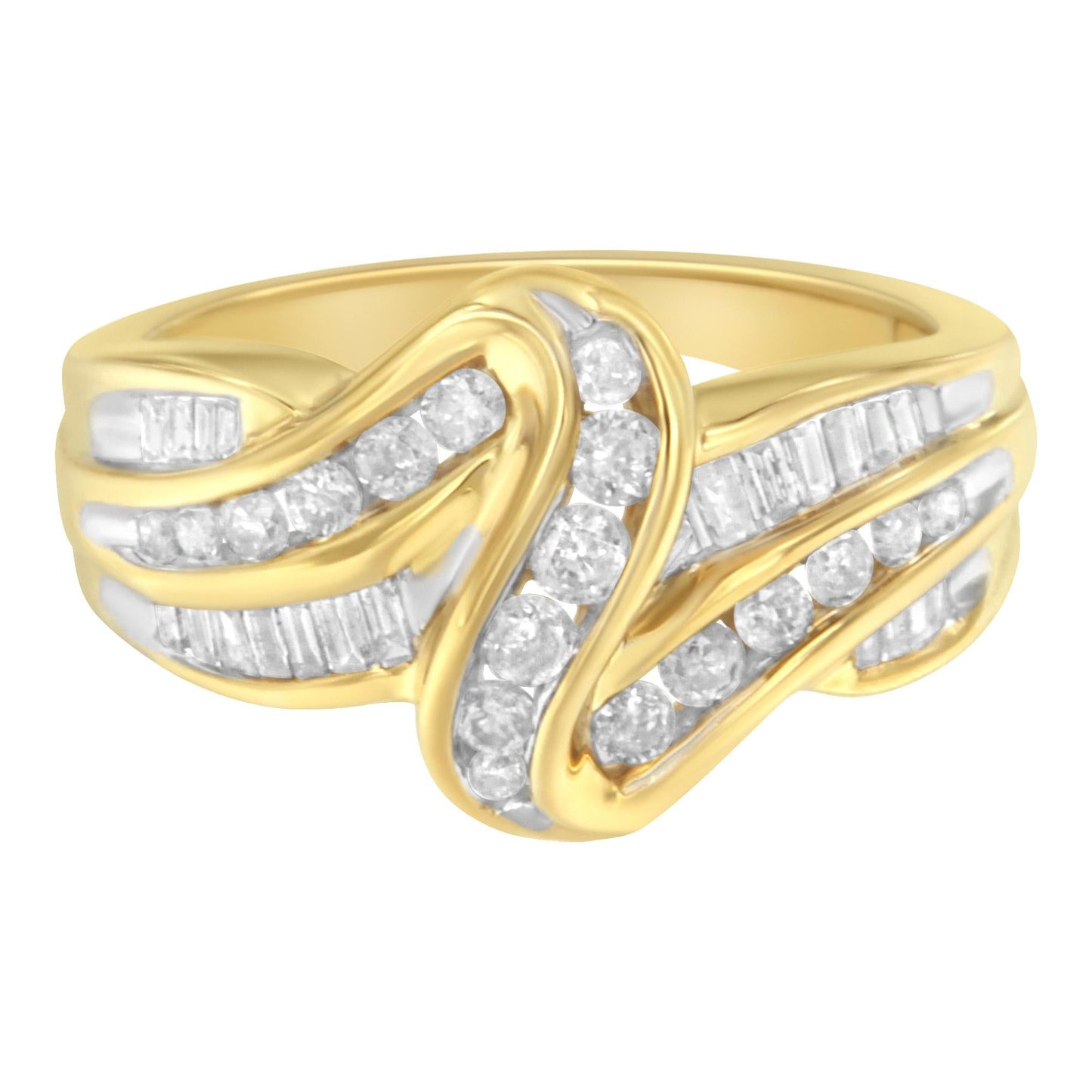 10K Yellow Gold 3/4 Cttw Channel Set Round and Baguette-cut Diamond Double Shank Bypass Ring (J-K Color, I1-I2 Clarity)-3