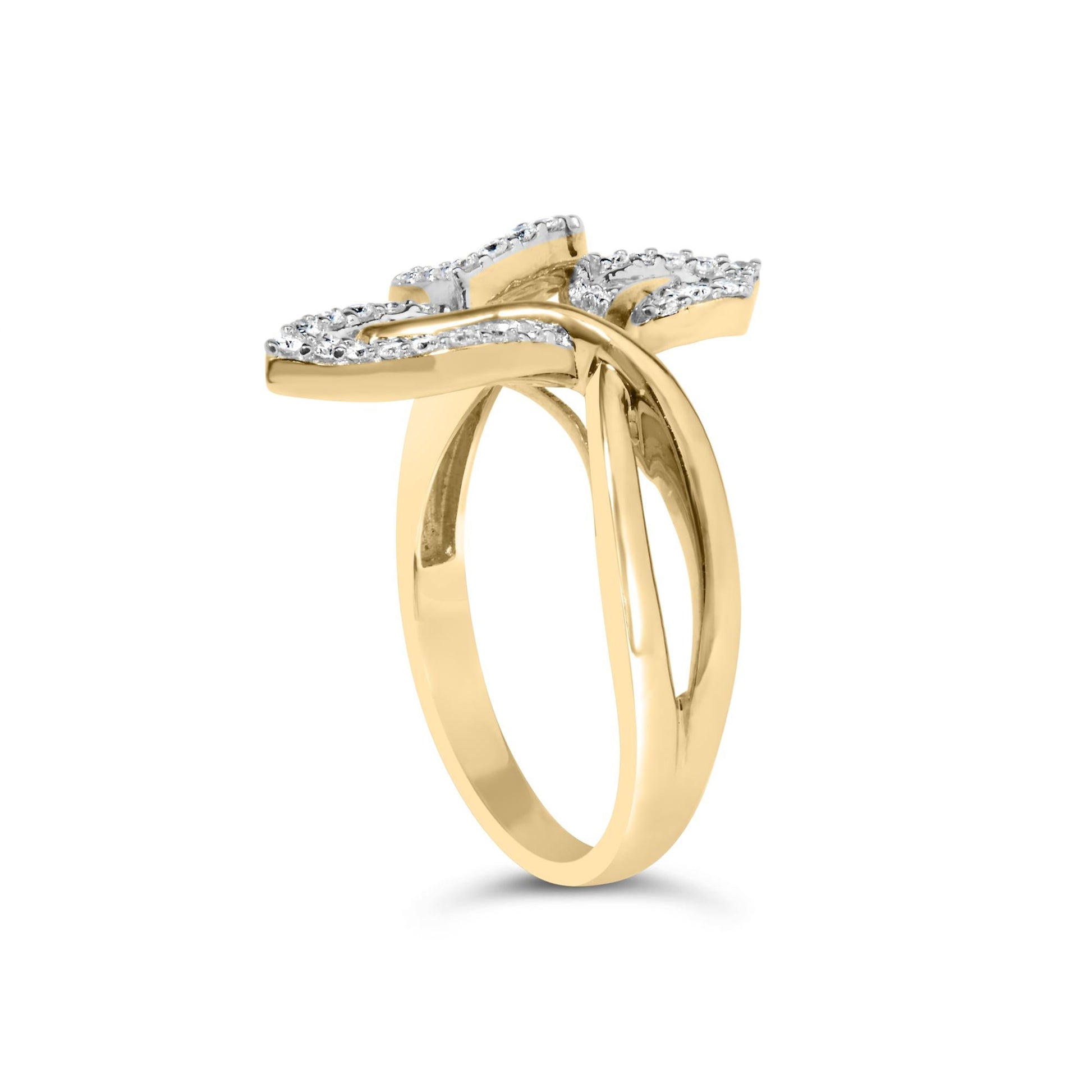 18K Yellow Gold Plated .925 Sterling Silver 1/2 Cttw Baguette and Round Diamond Bypass Triple Leaf Ring (I-J Color, I1-I2 Clarity)-3