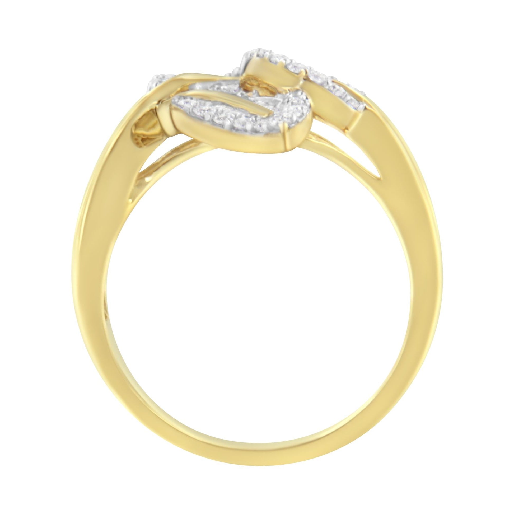 18K Yellow and White Gold Plated .925 Sterling Silver 3/8 Cttw Baguette and Round Diamond Bypass Triple Leaf Ring (I-J Color, I1-I2 Clarity)-3