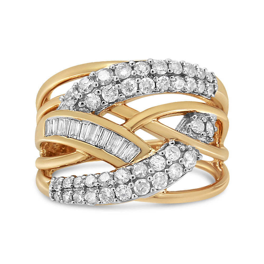 10K Yellow and White Gold 1.0 Cttw Round and Baguette-Cut Diamond Multirow Interwoven Cocktail Ring (I-J Color, I2-I3 Quality)-3