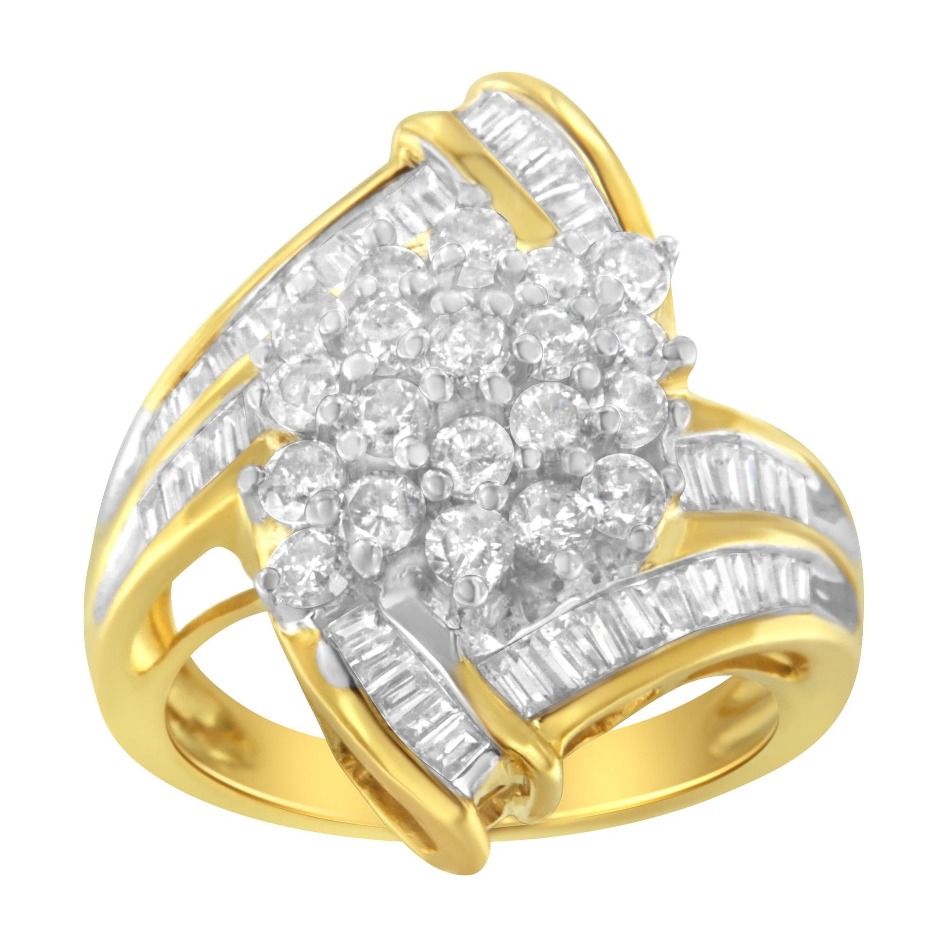 10K Yellow Gold Round and Baguette Diamond Swirl Ring (2.0 Cttw, J-K Color, I2 Clarity)-3