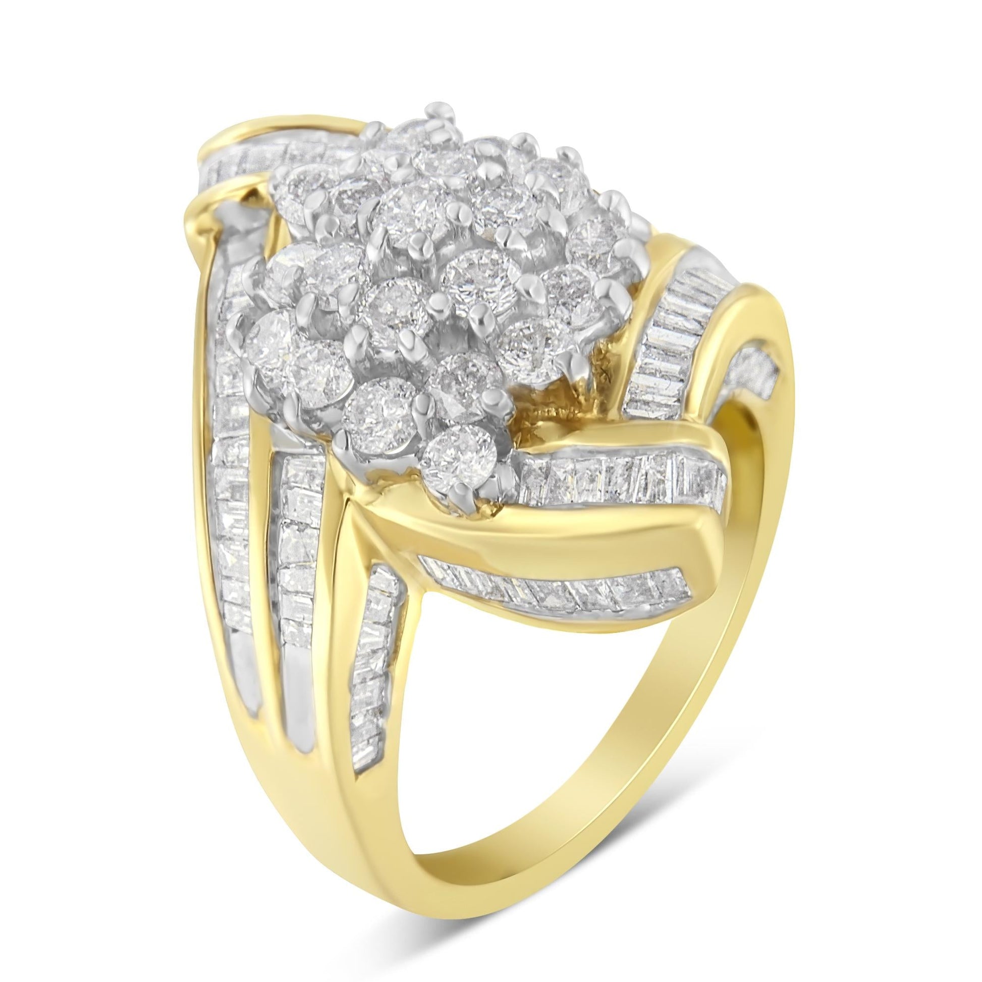 10K Yellow Gold Round and Baguette Diamond Crossover Cluster Ring (3 Cttw, I-J Color, I1-I2 Clarity)-3