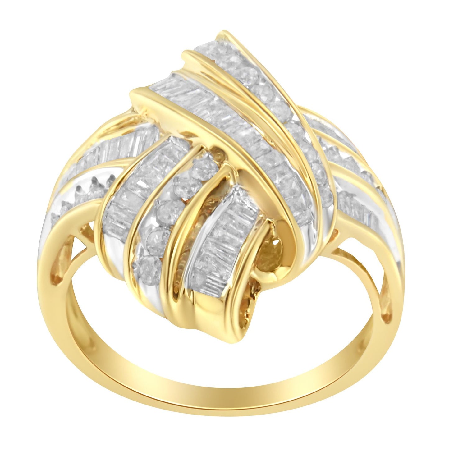 10K Yellow Gold Plated .925 Sterling Silver 1.0 Cttw Round & Baguette Diamond Knot Channel Statement Ring (I-J Color, I2-I3 Clarity)