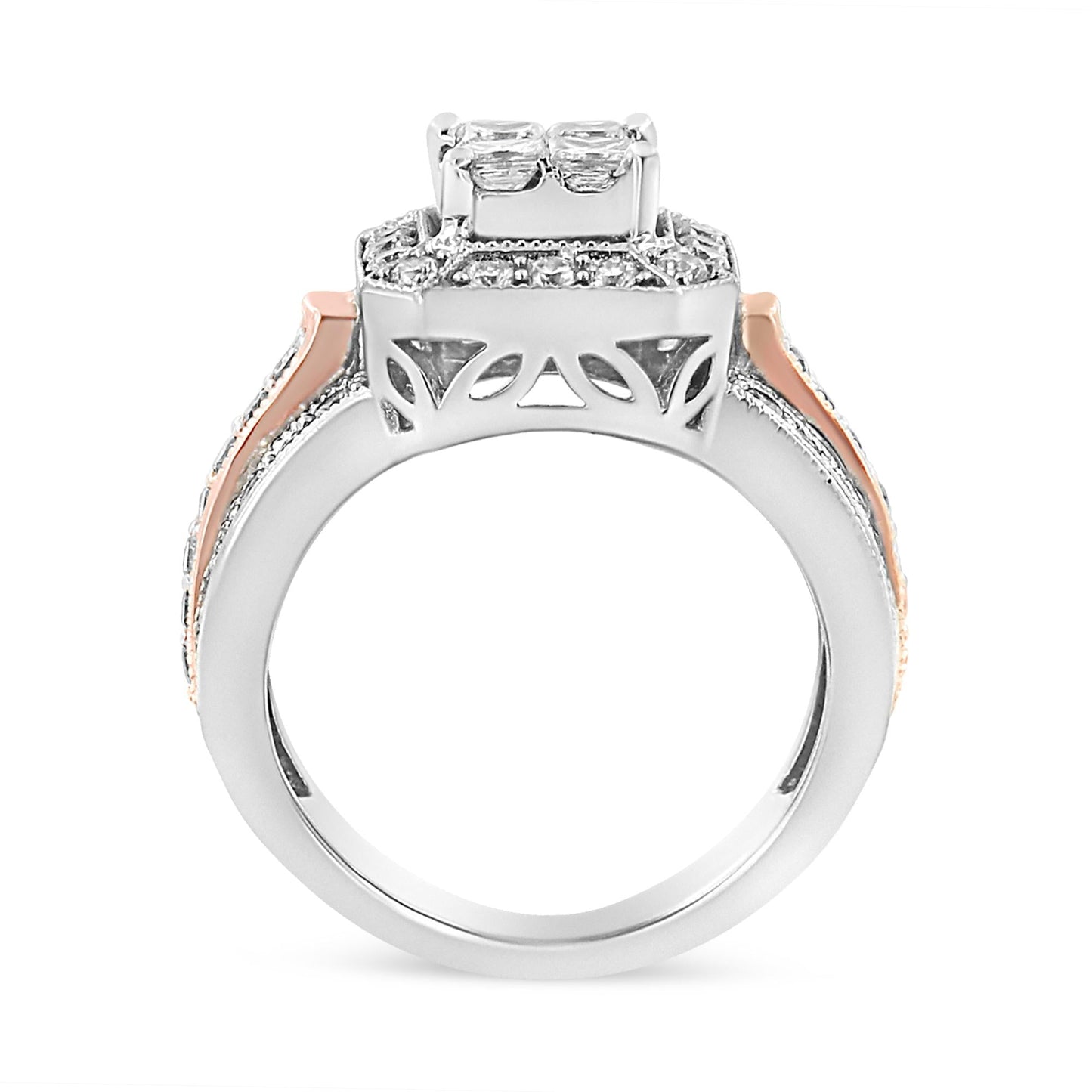 14K White and Rose Gold 1 1/8 Cttw Princess and Round-Cut Diamond Art Deco Style Triple Shank Halo Cocktail Ring (I-J Color, SI2-I1 Clarity)-3