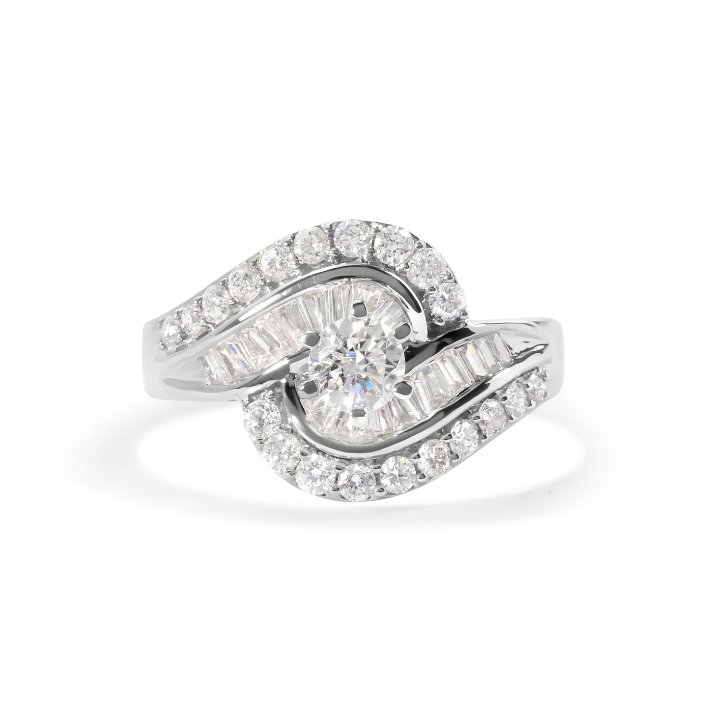 14K White Gold 1.00 Cttw Round and Baguette cut Diamond Swirl Cocktail Ring (H-I Color, SI2-I1 Clarity)-3