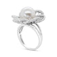 14K White Gold 11mm Round Pearl and 1/3 Cttw Round Diamond Openwork Flower Blossom Ring (H-I Color, VS1-VS2 Clarity)-3