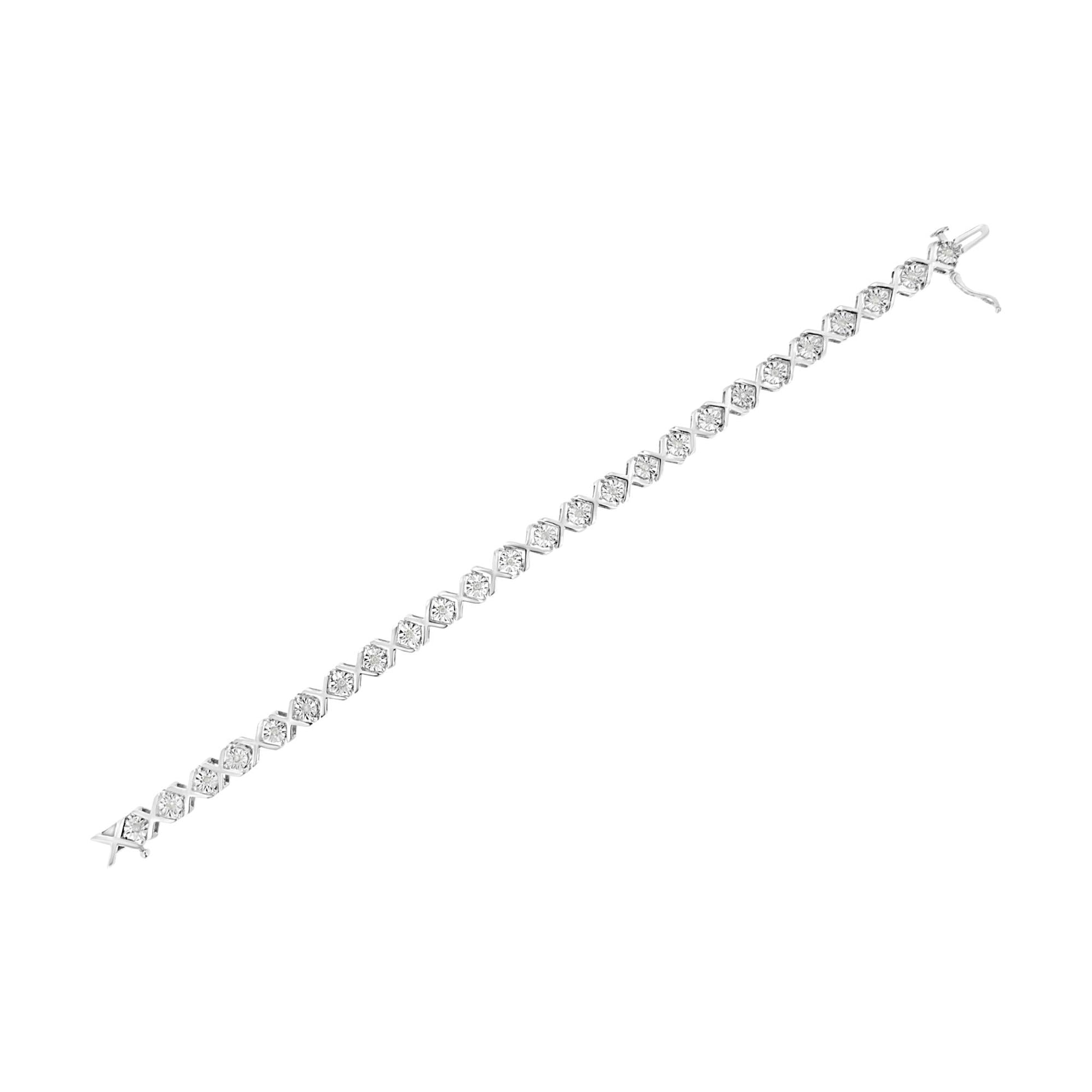 .925 Sterling Silver 1/4 Cttw Miracle-Set Round Cut Diamond "X" Link Bracelet (I-J Color, I3 Clarity) - Size 7.25"-3