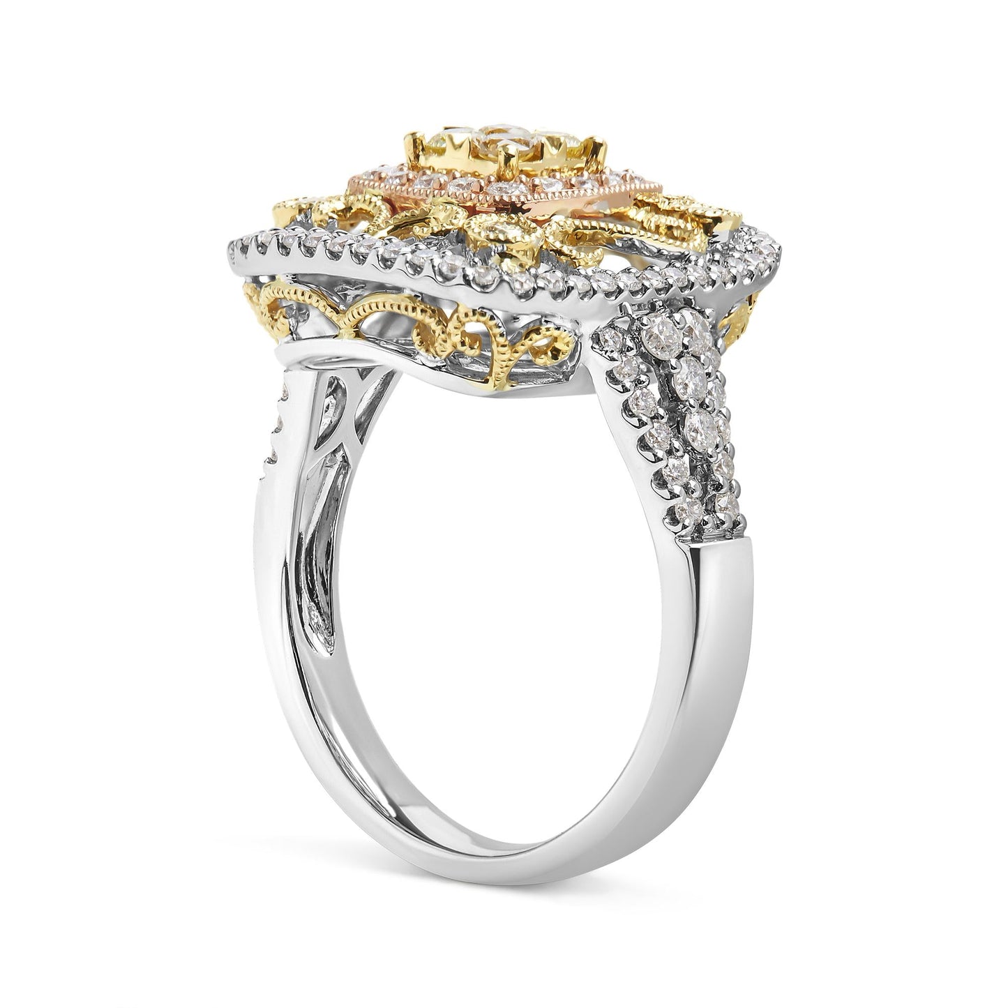 14K Tri-Toned Gold 1.00 Cttw Yellow Diamond Halo and Milgrain Cocktail Cluster Ring (Yellow/G-H Color, SI1-SI2 Clarity) - Ring Size 7-3