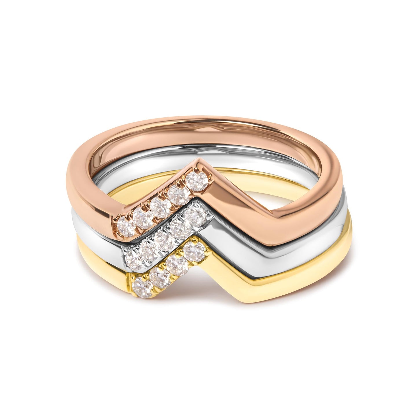 14K Gold 1/4 Cttw Diamond Geometrical Chevron V Stackable Band Ring Set (G-H Color, SI1-SI2 Clarity) - Size 7-3