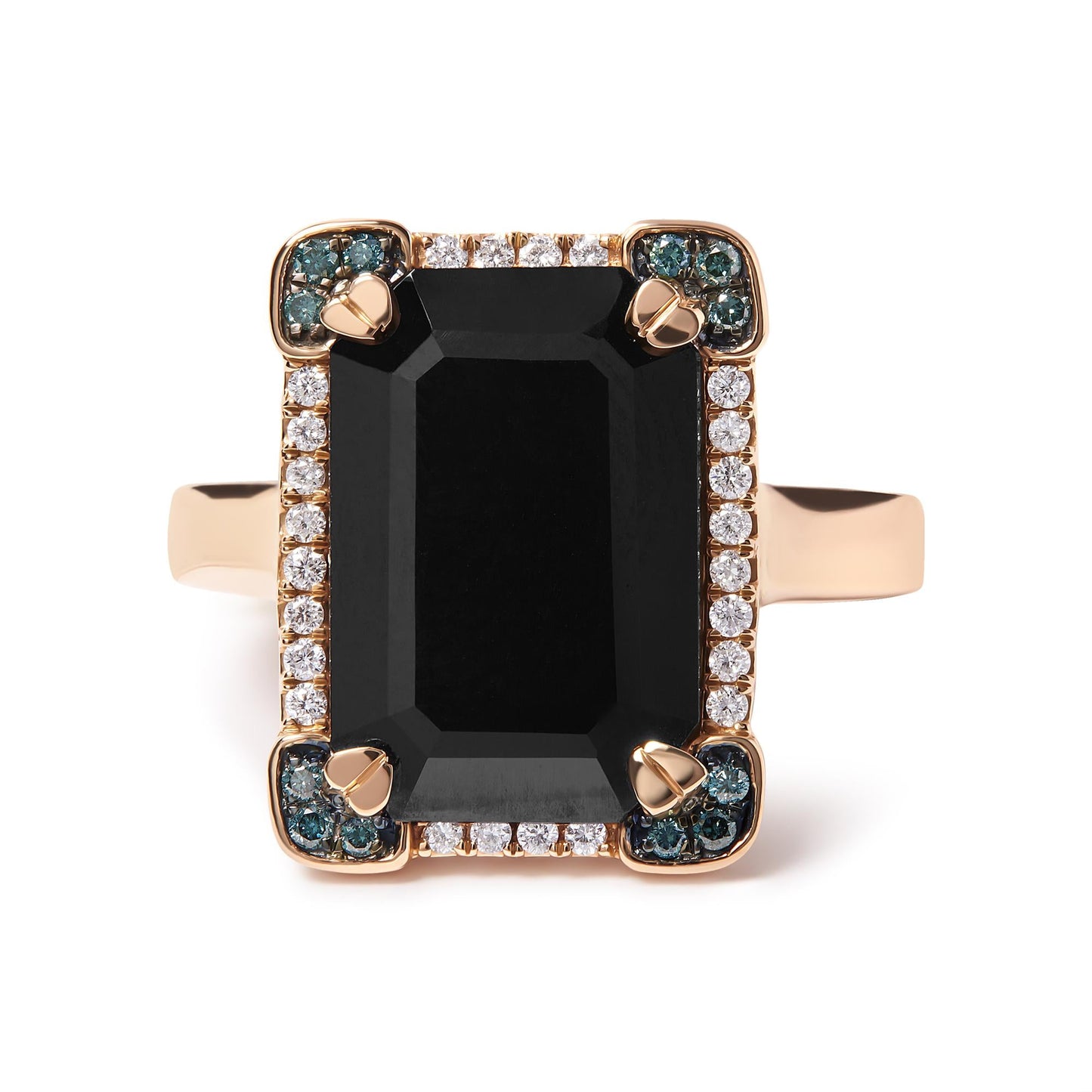 14K Rose Gold 15x10 MM Emerald-Cut Black Onyx and 1/5 Cttw Blue and White Diamond Halo Cocktail Ring (G-H Color, SI1-SI2 Clarity)- Size 7-3