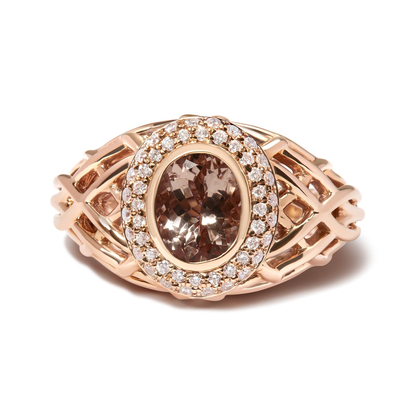 14K Rose Gold Oval Cut Light Pink Morganite and 3/8 Cttw Diamonds Halo and Basket Weave Cocktail Ring (G-H Color, SI1-SI2 Clarity) - Size 7-3