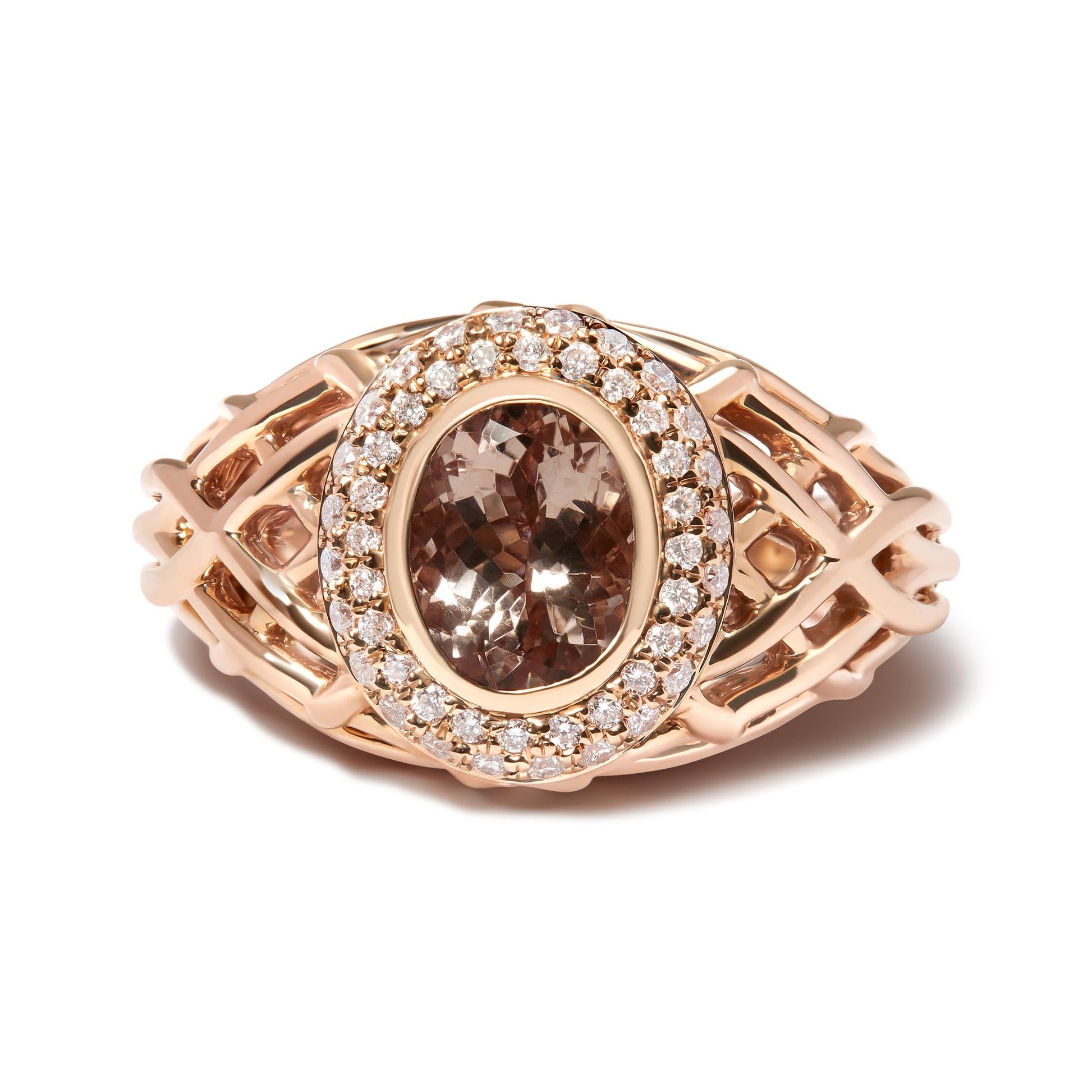 14K Rose Gold Oval Cut Light Pink Morganite and 3/8 Cttw Diamonds Halo and Basket Weave Cocktail Ring (G-H Color, SI1-SI2 Clarity) - Size 7-3