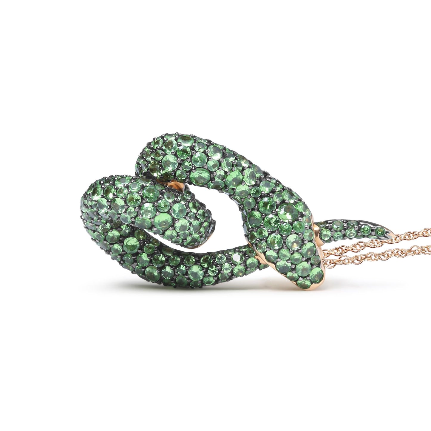 18K Rose Gold Round Green Tsavorite Gemstone Cluster Spiral Snake Design 18" Pendant Necklace (AAA+ Quality)