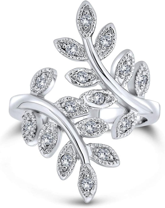 Nature Ivy Vine Leaf Fashion Statement Ring for Women Cubic Zirconia Pave CZ Bypass Silver Plated Brass