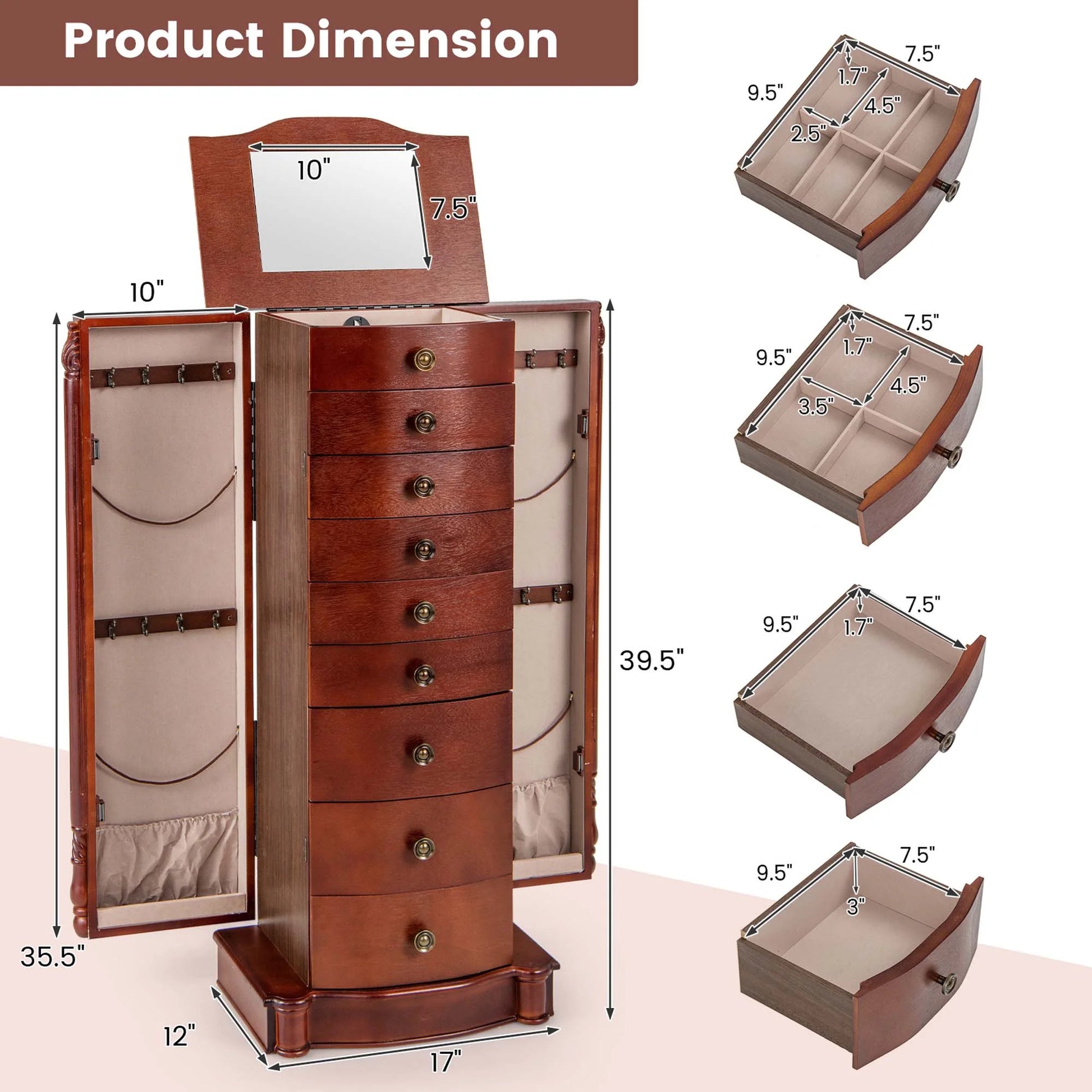 Wood Jewelry Cabinet Storage Chest Stand Organizer Necklace