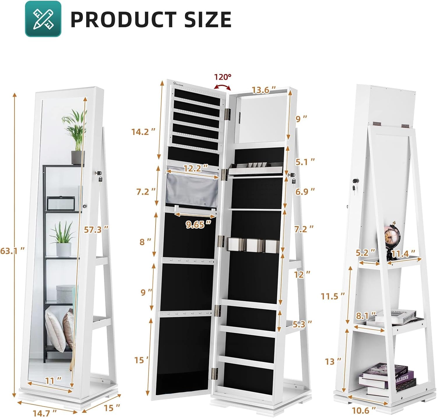 360° Swivel Jewelry Cabinet 3-In-1 Lockable Standing Jewelry Armoire with Full Length Mirror, Large Jewelry Organizer with Rear Storage Shelves, Build-In Makeup Mirror, White