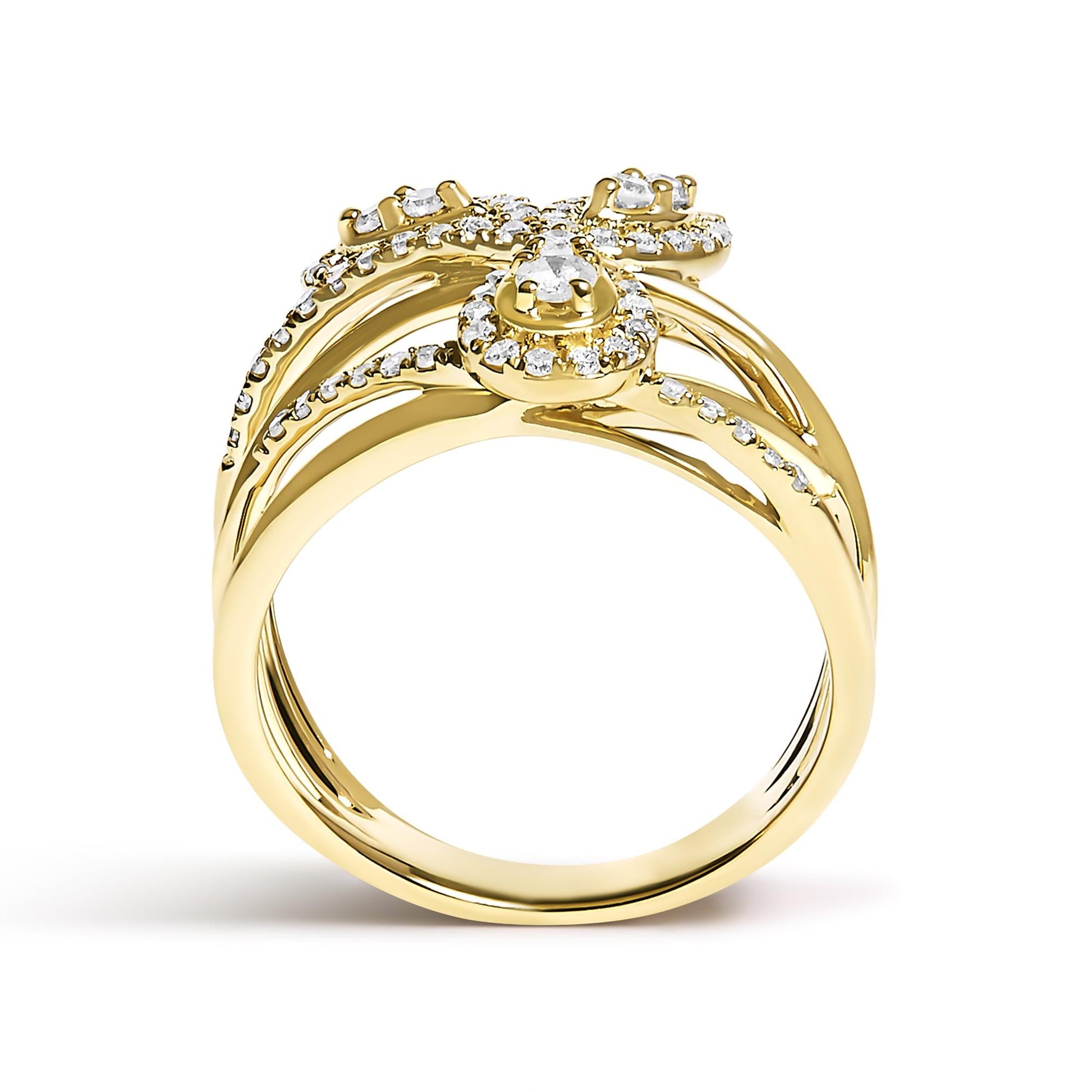 10K Yellow Gold 1/2 Cttw Diamond Crossover 3 Leaf Floral Cocktail Ring Band (H-I Color, SI1-SI2 Clarity)-4