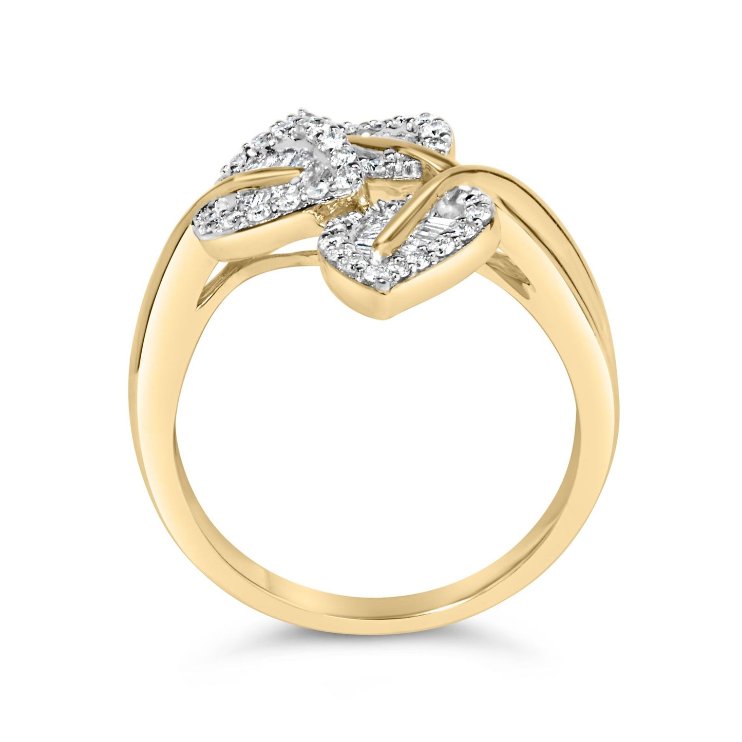 18K Yellow Gold Plated .925 Sterling Silver 1/2 Cttw Baguette and Round Diamond Bypass Triple Leaf Ring (I-J Color, I1-I2 Clarity)-4