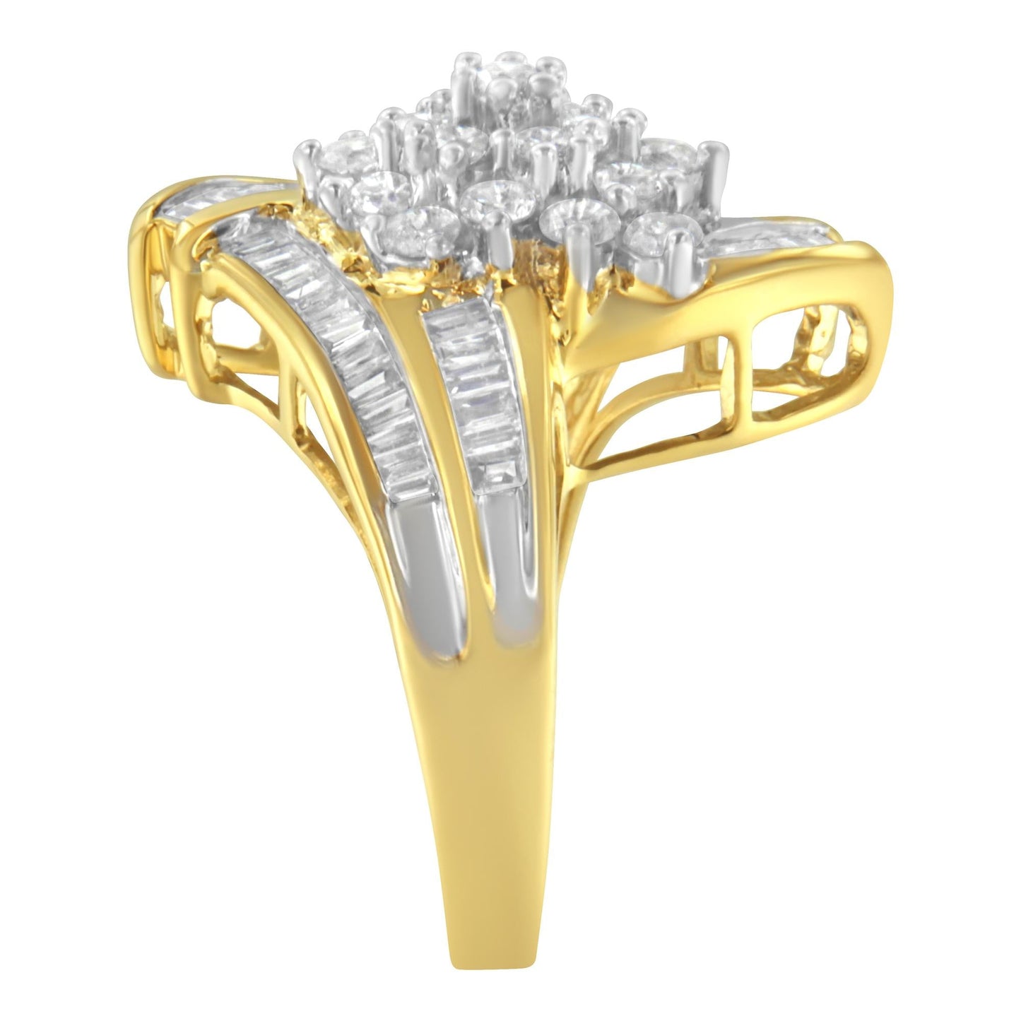 10K Yellow Gold Round and Baguette Diamond Swirl Ring (2.0 Cttw, J-K Color, I2 Clarity)-4