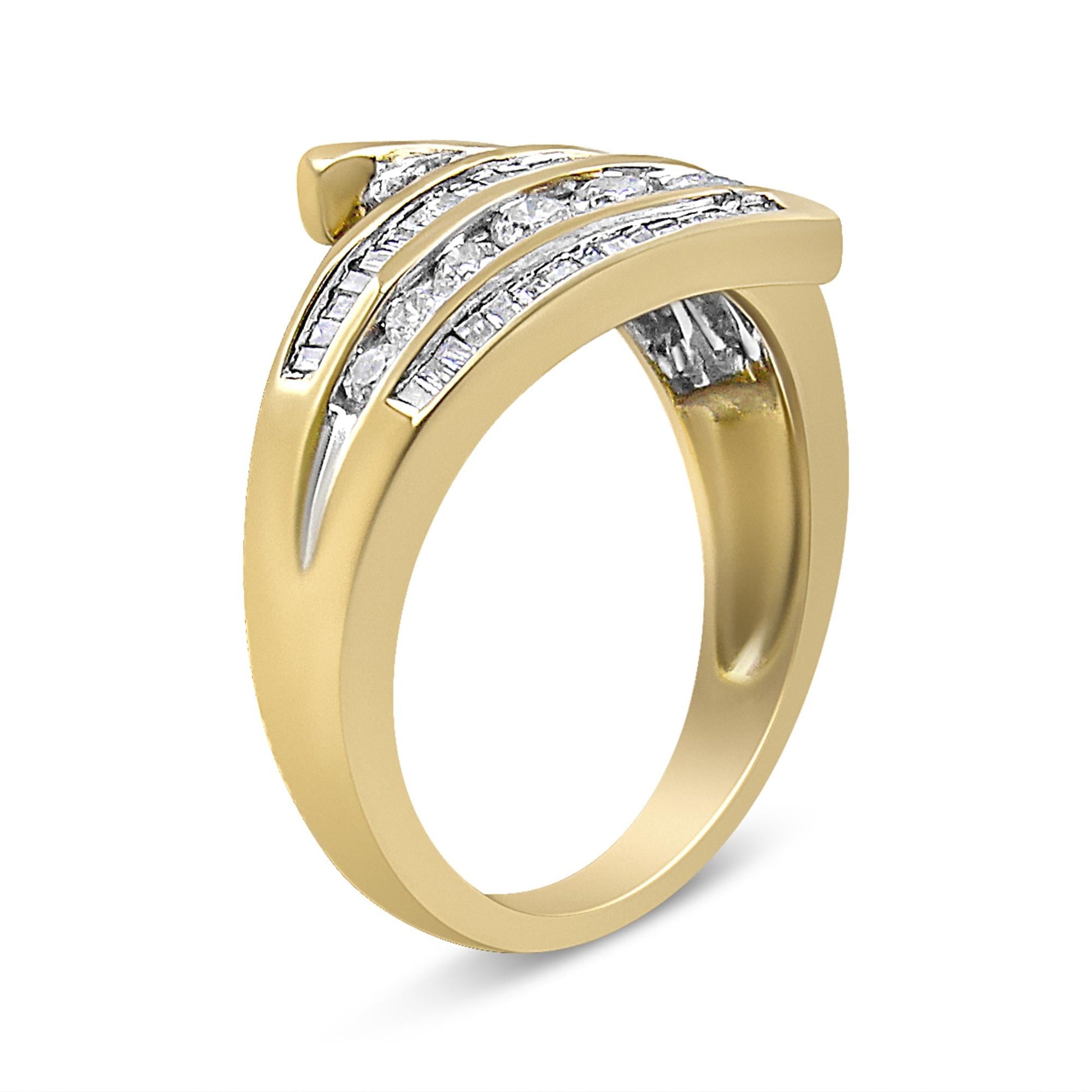 10K Yellow Gold 1 Cttw Round and Baguette-Cut Diamond Multi Row Bypass Ring Band (H-I Color, I1-I2 Clarity)-4