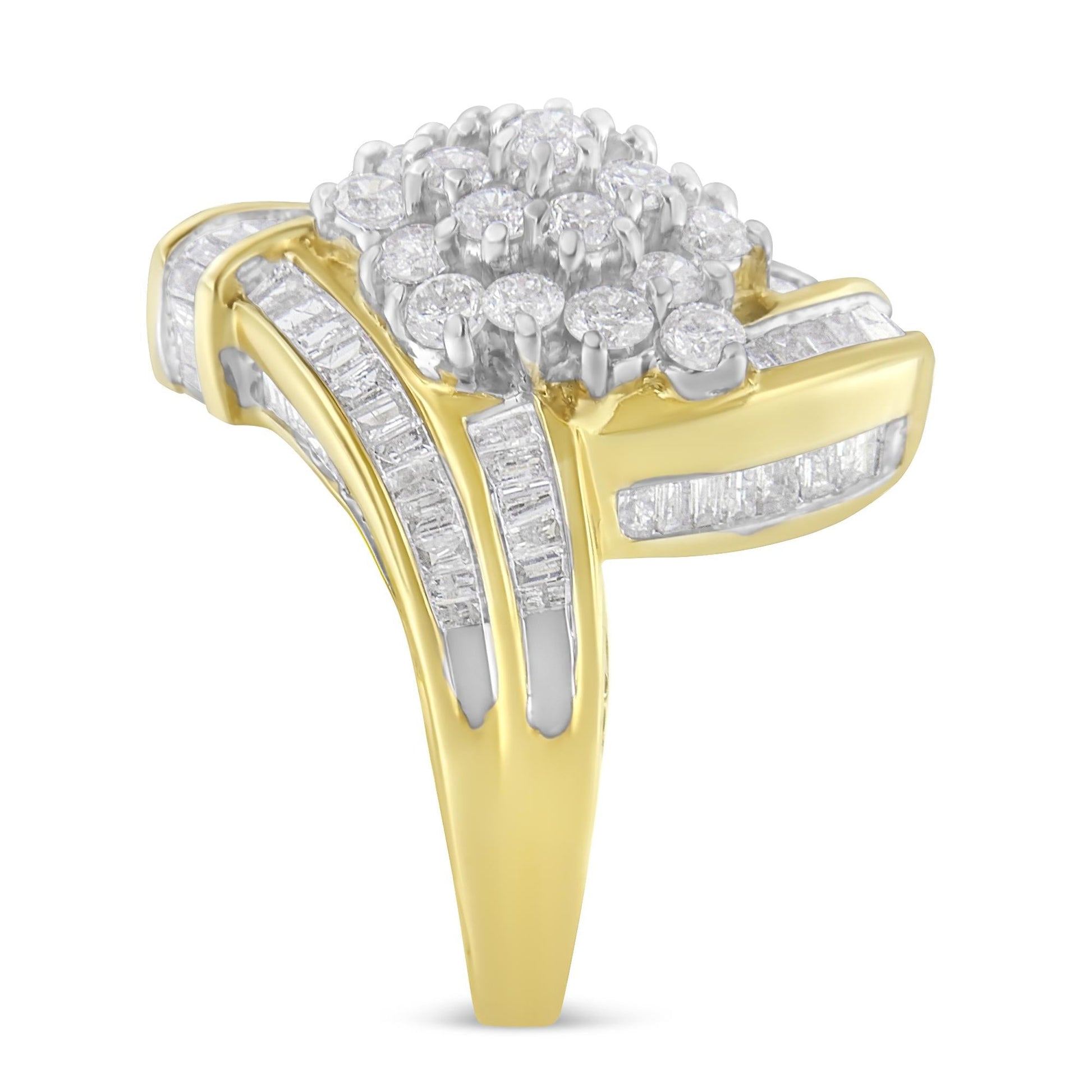 10K Yellow Gold Round and Baguette Diamond Crossover Cluster Ring (3 Cttw, I-J Color, I1-I2 Clarity)-4