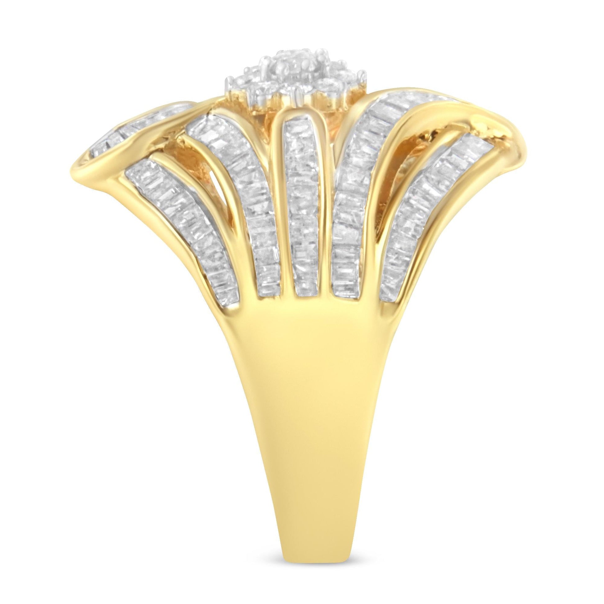 10K Yellow Gold Flashed .925 Sterling Silver 1-1/8 Cttw Round & Baguette Diamond 'Flower & Fern' Cluster Cocktail Fashion Ring (I-J Color, I2-I3 Clarity)-4