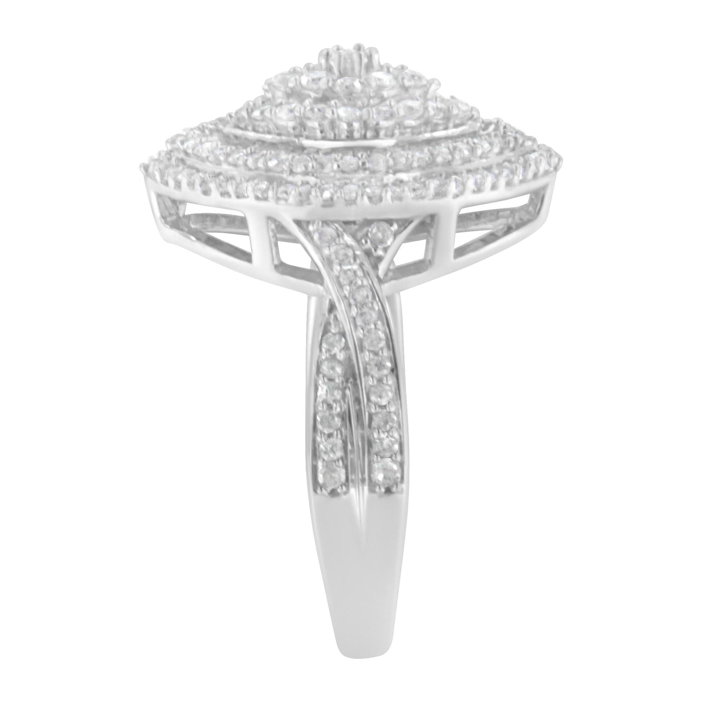 .925 Sterling Silver 1.0 Cttw Round & Baguette-Cut Diamond Marquise-Shaped Cluster Triple Stepped Halo Cocktail Fashion Ring (I-J Color, I2-I3 Clarity)-4