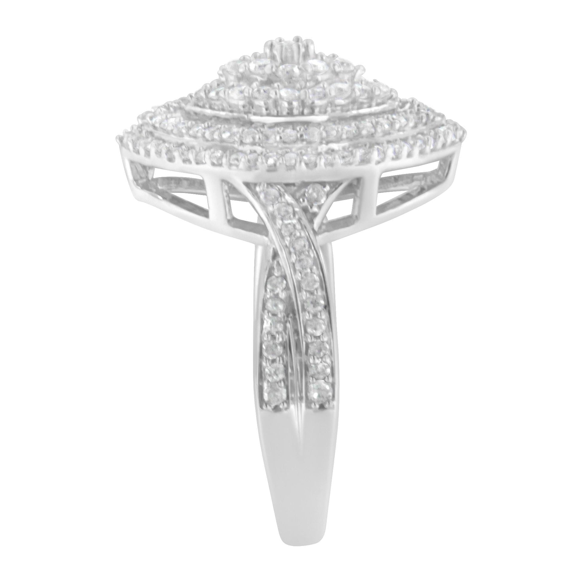 .925 Sterling Silver 1.0 Cttw Round & Baguette-Cut Diamond Marquise-Shaped Cluster Triple Stepped Halo Cocktail Fashion Ring (I-J Color, I2-I3 Clarity)-4